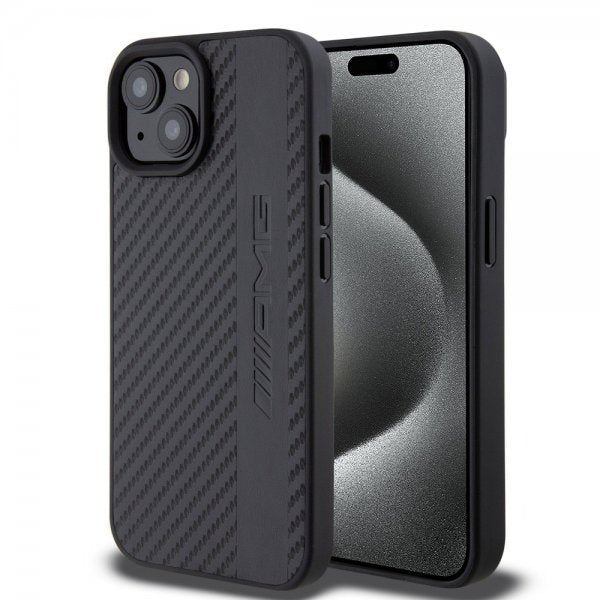 Mercedes Benz iPhone 15 Plus Deksel Carbon Effect Leather Stripe AMG Svart