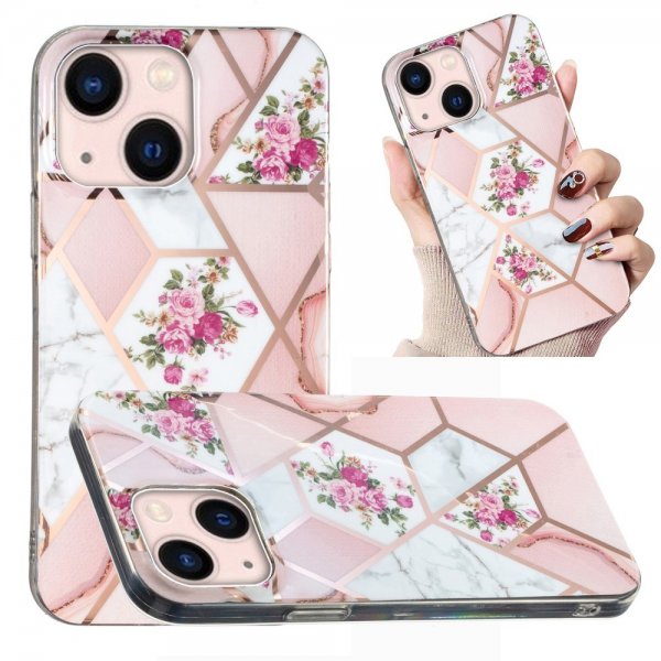 iPhone 15 Plus Deksel Marmormønster Blomster Rosa
