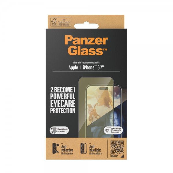 PanzerGlass iPhone 15 Plus Skjermbeskytter Eyecare Ultra-Wide Fit EasyAligner