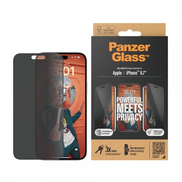 PanzerGlass iPhone 15 Plus Skjermbeskytter Ultra-Wide Fit Privacy EasyAligner