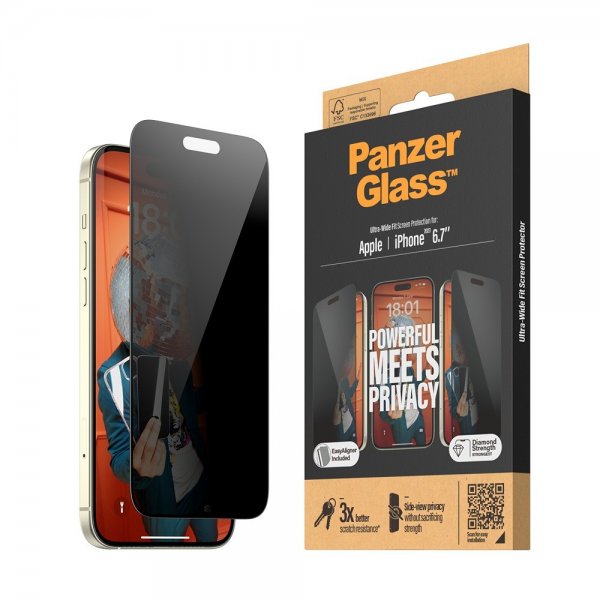 PanzerGlass iPhone 15 Plus Skjermbeskytter Ultra-Wide Fit Privacy EasyAligner