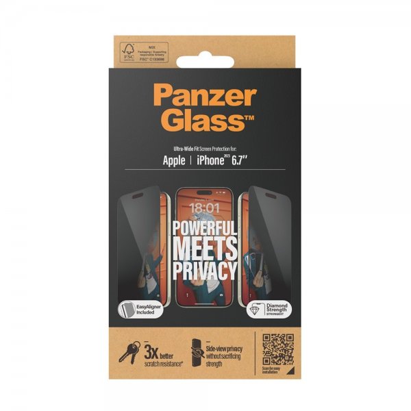 PanzerGlass iPhone 15 Plus Skjermbeskytter Ultra-Wide Fit Privacy EasyAligner