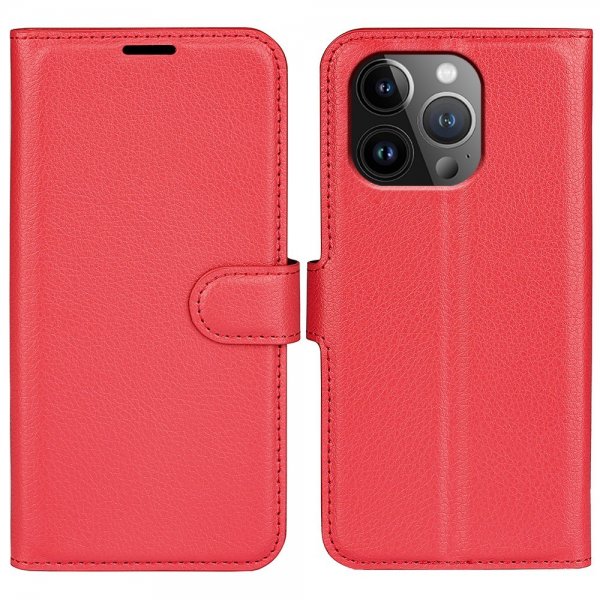 iPhone 15 Pro Etui Litchi Rød