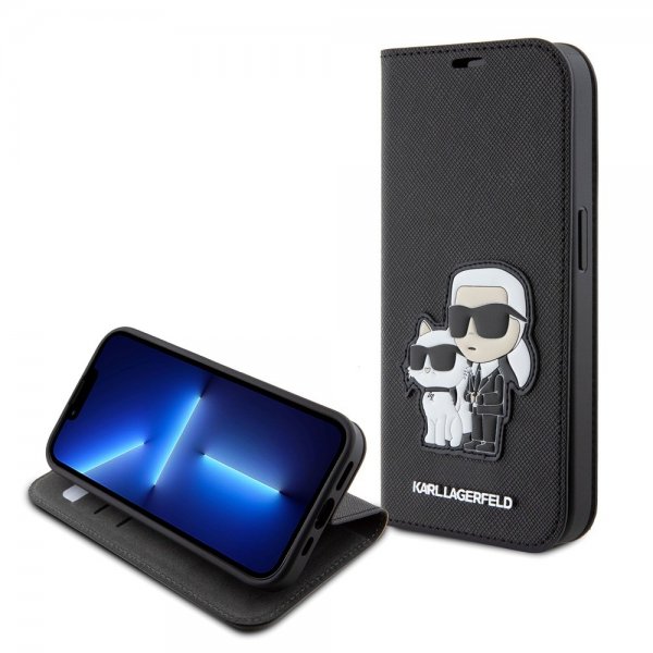 Karl Lagerfeld iPhone 15 Pro Etui NFT Karl & Choupette Patch Saffiano Svart