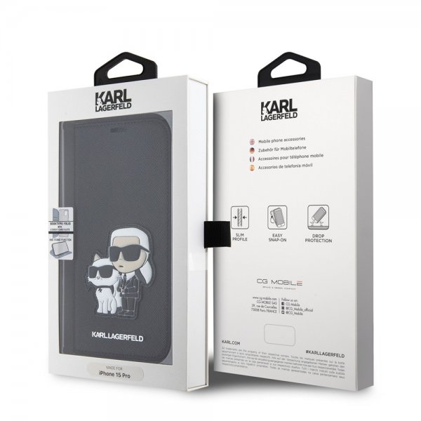 Karl Lagerfeld iPhone 15 Pro Etui NFT Karl & Choupette Patch Saffiano Svart