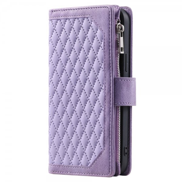iPhone 15 Pro Etui Rombemønster Glidelås Lilla