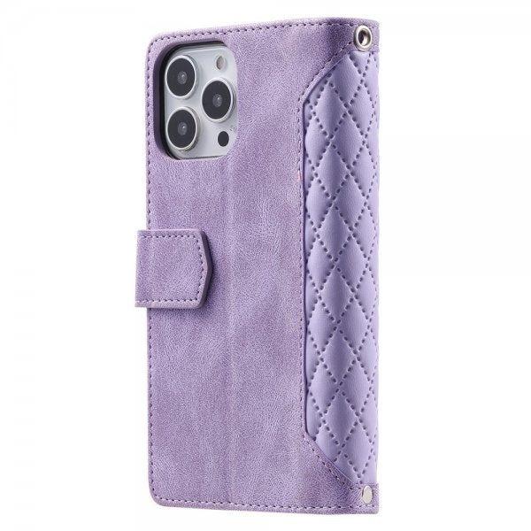 iPhone 15 Pro Etui Rombemønster Glidelås Lilla