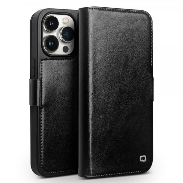 Qialino iPhone 15 Pro Max Etui Ekte Skinn Svart
