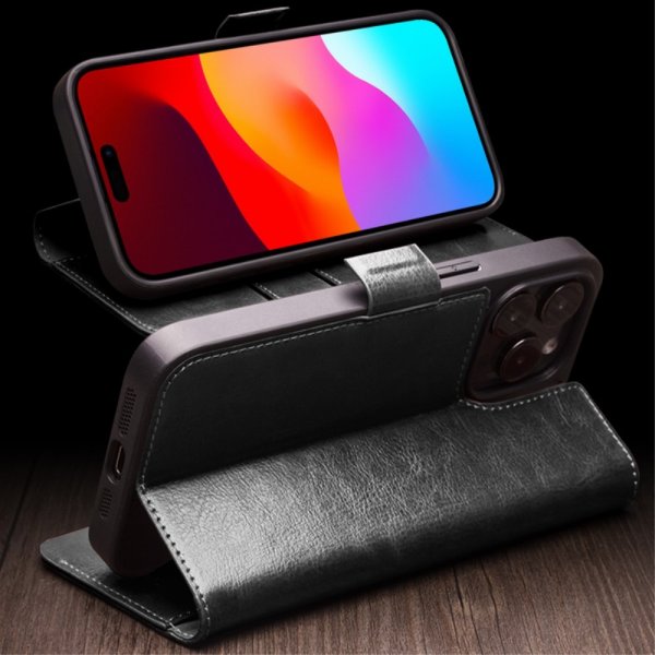Qialino iPhone 15 Pro Max Etui Ekte Skinn Svart