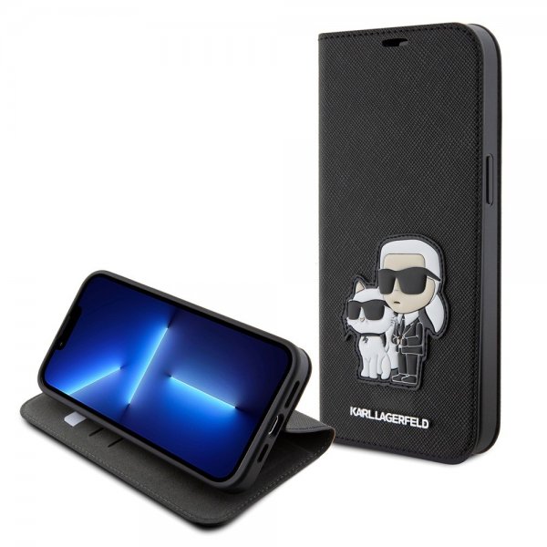 Karl Lagerfeld iPhone 15 Pro Max Etui NFT Karl & Choupette Patch Saffiano Svart