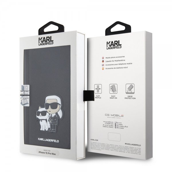 Karl Lagerfeld iPhone 15 Pro Max Etui NFT Karl & Choupette Patch Saffiano Svart