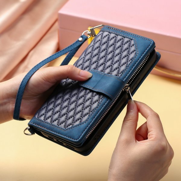 iPhone 15 Pro Max Etui Rombemønster Glidelås Blå