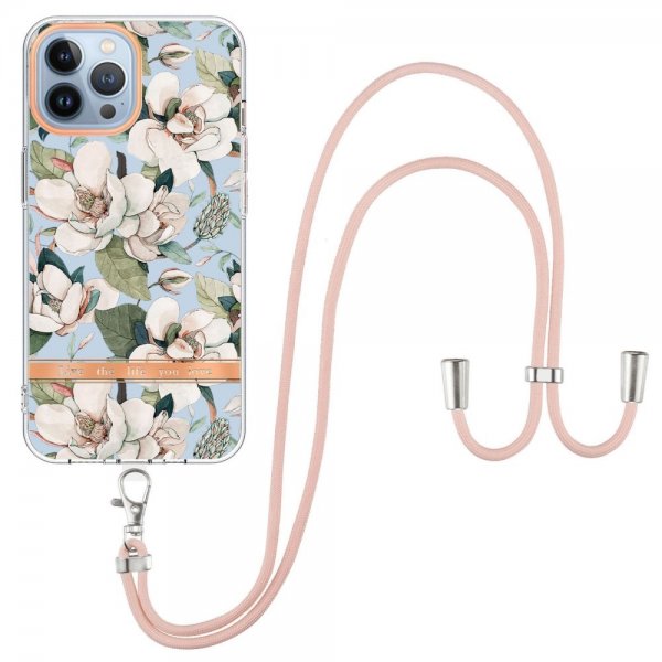 iPhone 15 Pro Max Deksel Blomstermønster Stropp Grønn Gardenia