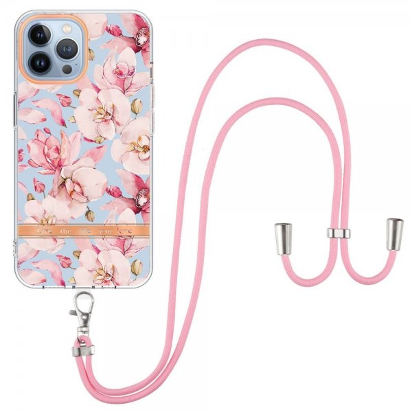 iPhone 15 Pro Max Deksel Blomstermønster Stropp Rosa Gardenia