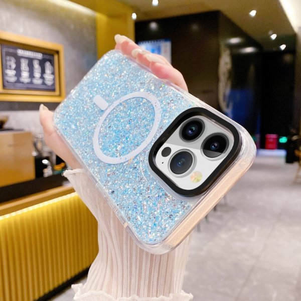 iPhone 15 Pro Max Deksel Glitter MagSafe Blå