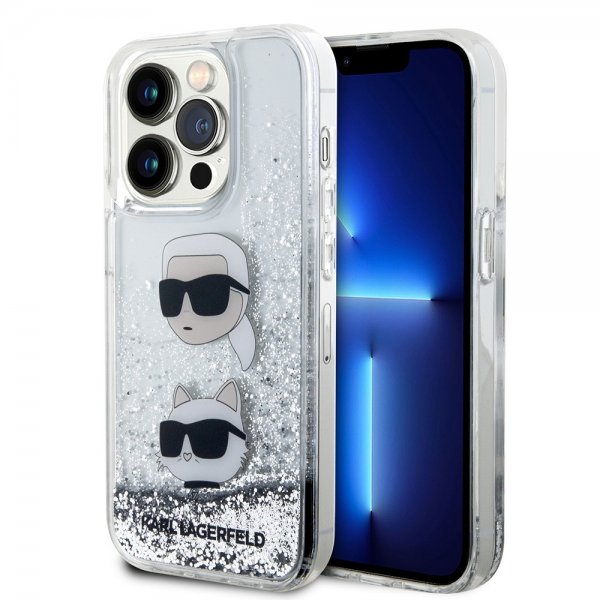 Karl Lagerfeld iPhone 15 Pro Max Deksel Liquid Glitter Karl & Choupette Sølv