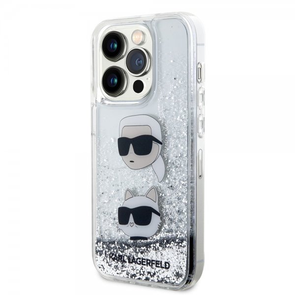 Karl Lagerfeld iPhone 15 Pro Max Deksel Liquid Glitter Karl & Choupette Sølv