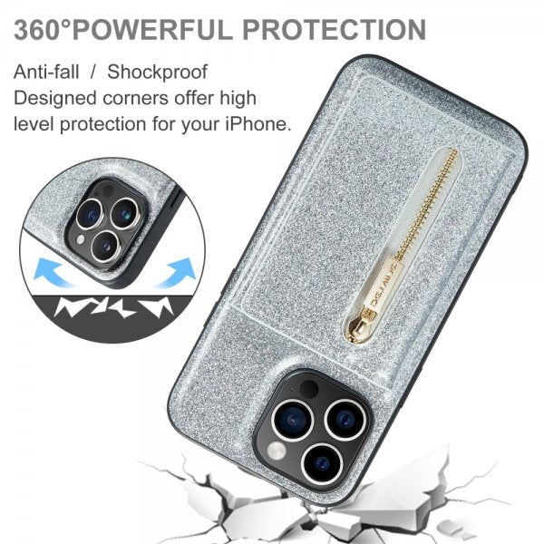 Dg.Ming iPhone 15 Pro Max Deksel M3 Series Avtakbart Kortholder Glitter Sølv