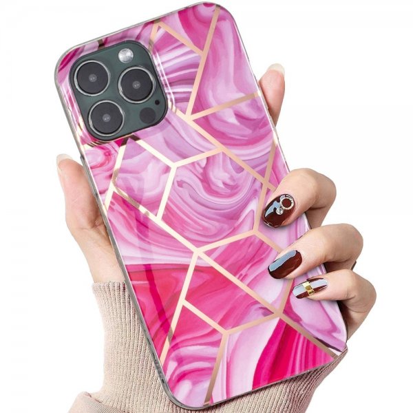 iPhone 15 Pro Max Deksel Marmormønster Rosa Rød