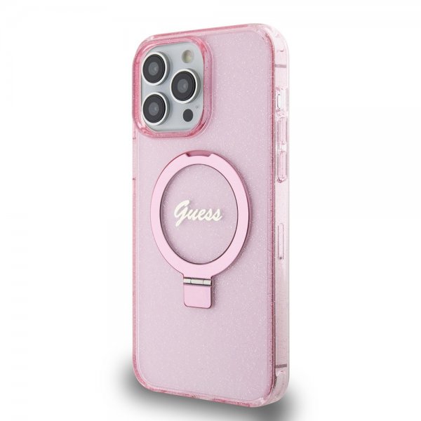 Guess iPhone 15 Pro Max Deksel Ring Stand Glitter MagSafe Rosa