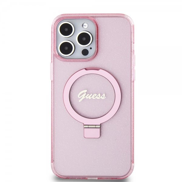 Guess iPhone 15 Pro Max Deksel Ring Stand Glitter MagSafe Rosa