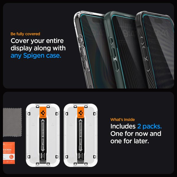 Spigen iPhone 15 Pro Max Skjermbeskytter GLAS.tR EZ Fit Privacy 2-pakning