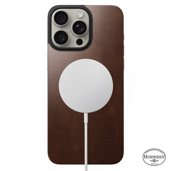 Nomad iPhone 15 Pro Max Skin Magnetic Leather Back Horween Rustic Brown
