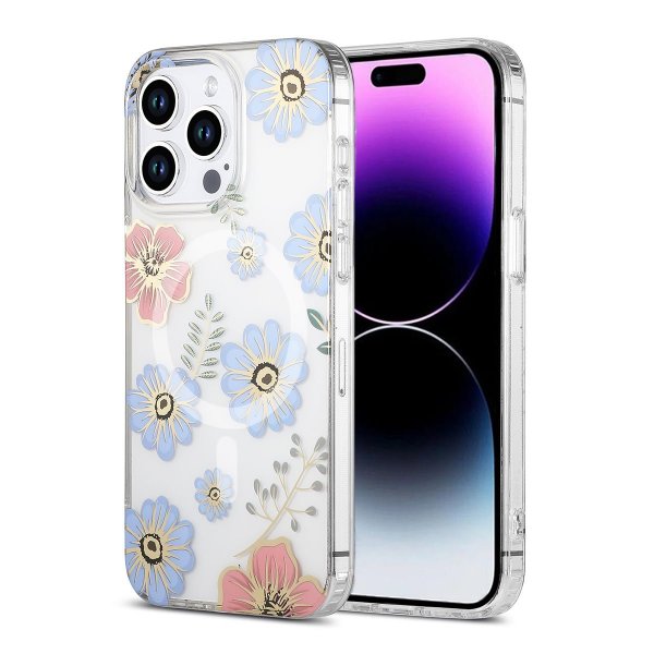 iPhone 15 Pro Deksel Blomstermønster MagSafe Rød Blå