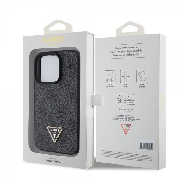 Guess iPhone 15 Pro Deksel 4G Metal Triangle Strass Svart