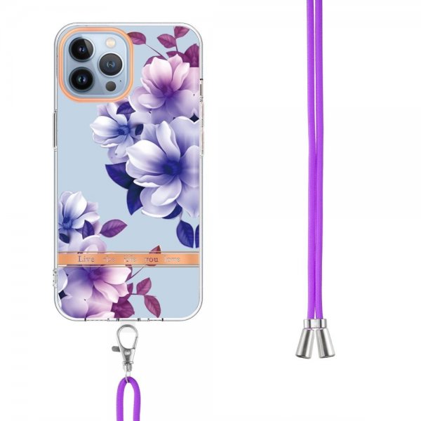 iPhone 15 Pro Deksel Blomstermønster Stropp Lilla Begonia