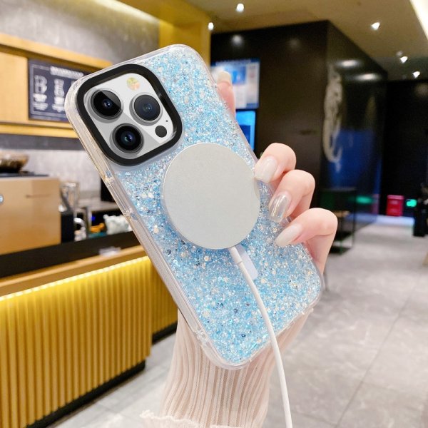 iPhone 15 Pro Deksel Glitter MagSafe Blå