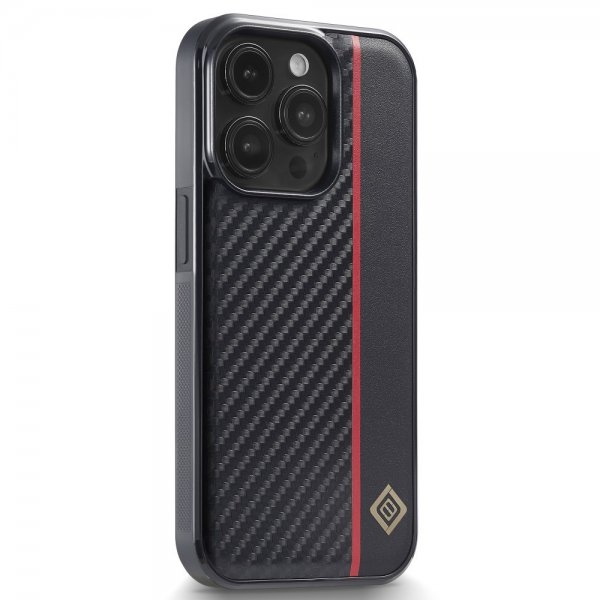 Lc.Imeeke iPhone 15 Pro Deksel Karbonfibertekstur Rød Stripe Svart