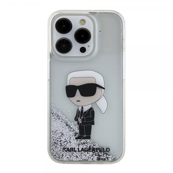 Karl Lagerfeld iPhone 15 Pro Deksel Liquid Glitter NFT Karl Sølv