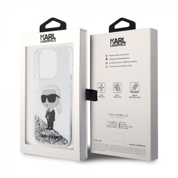 Karl Lagerfeld iPhone 15 Pro Deksel Liquid Glitter NFT Karl Sølv