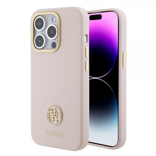 Guess iPhone 15 Pro Deksel Liquid Silicone Metal Logo Rosa