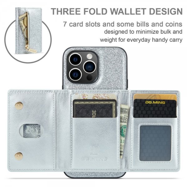 Dg.Ming iPhone 15 Pro Deksel M3 Series Avtakbart Kortholder Glitter Sølv