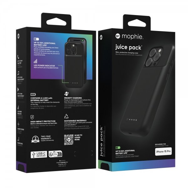 Mophie iPhone 15 Pro Deksel med innebygd Powerbank Juice Pack Svart