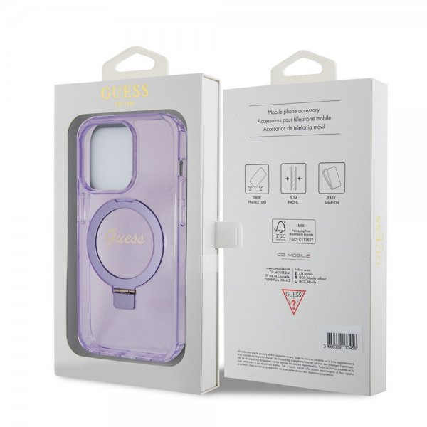 Guess iPhone 15 Pro Max Deksel Ring Stand Glitter MagSafe Lilla