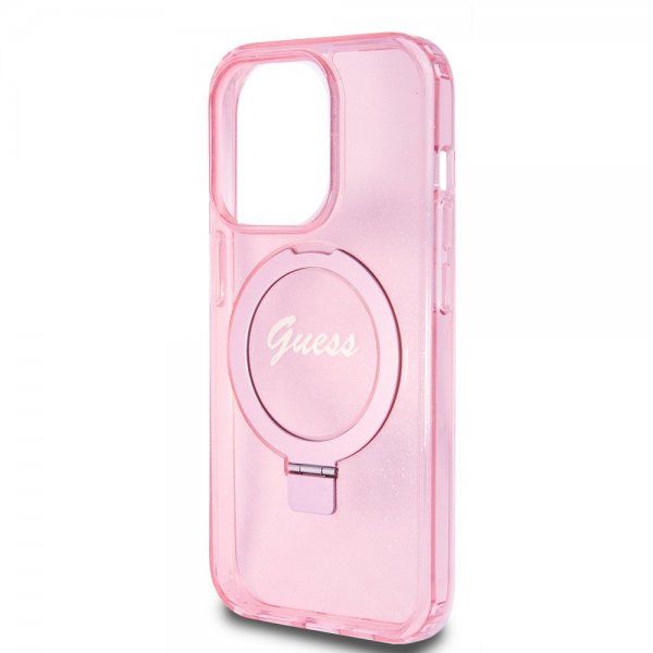 Guess iPhone 15 Pro Deksel Ring Stand Glitter MagSafe Rosa