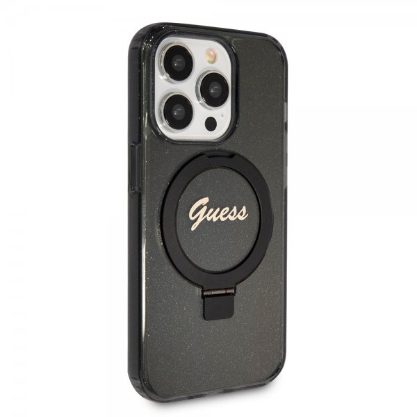 Guess iPhone 15 Pro Deksel Ring Stand Glitter MagSafe Svart