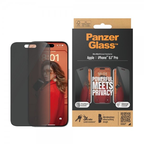 PanzerGlass iPhone 15 Pro Skjermbeskytter Ultra-Wide Fit Privacy EasyAligner