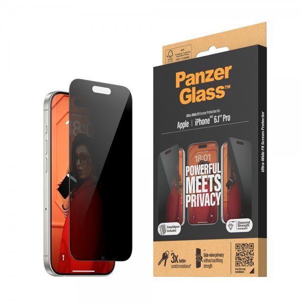 PanzerGlass iPhone 15 Pro Skjermbeskytter Ultra-Wide Fit Privacy EasyAligner