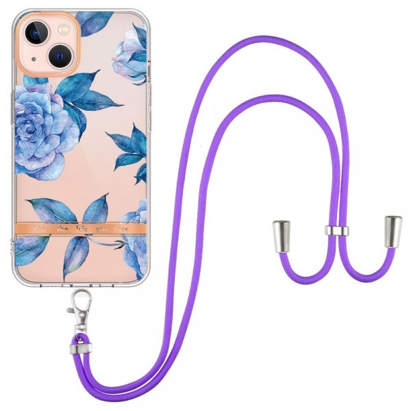 iPhone 15 Deksel Blomstermønster Stropp Blå Pion