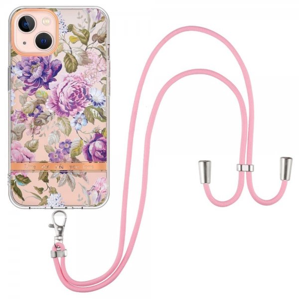 iPhone 15 Deksel Blomstermønster Stropp Lilla Pion