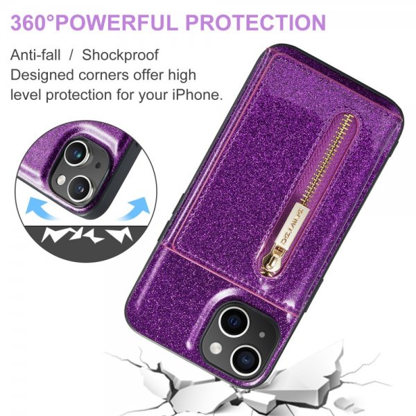 Dg.Ming iPhone 15 Deksel M3 Series Avtakbart Kortholder Glitter Lila
