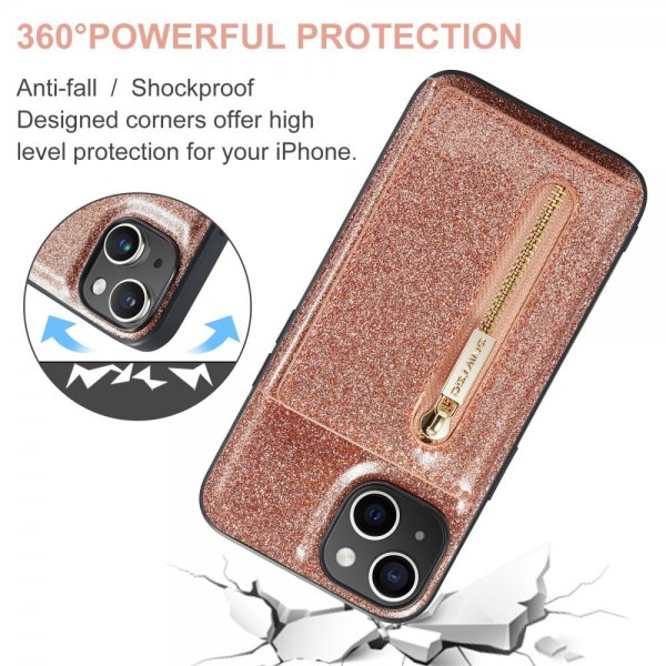 Dg.Ming iPhone 15 Deksel M3 Series Avtakbart Kortholder Glitter Rosegull