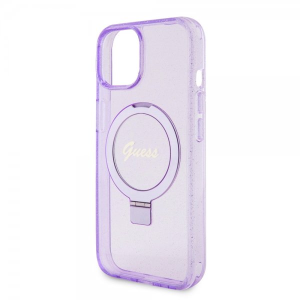 Guess iPhone 15 Deksel Ring Stand Glitter MagSafe Lilla