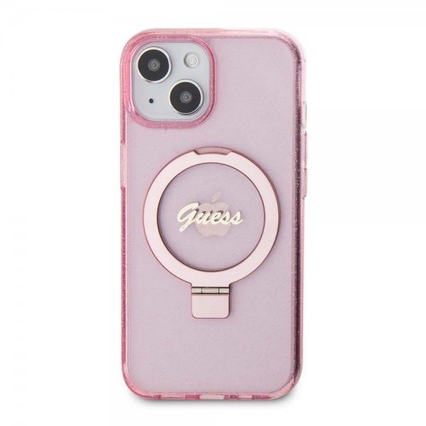 Guess iPhone 15 Deksel Ring Stand Glitter MagSafe Rosa