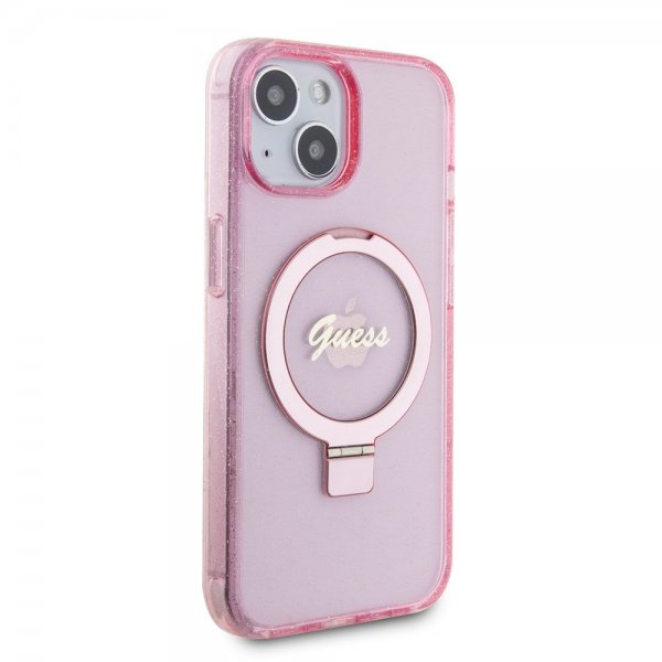 Guess iPhone 15 Deksel Ring Stand Glitter MagSafe Rosa