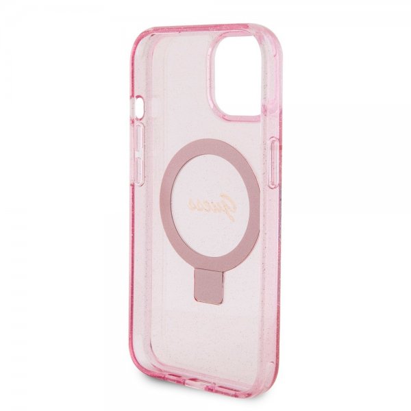 Guess iPhone 15 Deksel Ring Stand Glitter MagSafe Rosa